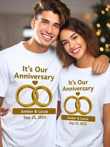 1pc Couples Matching Anniversary Shirt |   Custom Name And Date, 100%, Casual Crew Neck, Short Sleeve, Heat Transfer Printing, Ideal For Wedding, Engagement, Valentine's Day Gifts For Men And Women, S-XXXL - 女人白色 - 查看 8