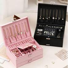1pc Velvet 3-Layer Jewelry Storage Box, Luxurious Christmas Pink High-End Delicate Necklace Earring Gold Jewelry Box, Large Capacity Multi-Layer Accessory Box, Suitable For Halloween, Thanksgiving, Christmas Gifts - Multicolor - View 2