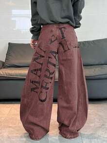1pc Japanese Street Style Women's Patchwork Printed Curved Leg Loose Wide Leg Jeans Comfortable All Season Long Pants (This Product Does Not Include Belt/Accessories) - Red - View 3