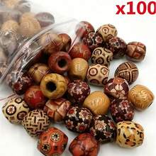 100pcs Mixed Pattern Wooden Beads, Large Hole Printed Beads For DIY Hair Braids, Jewelry Making Supplies - Multicolor - View 7