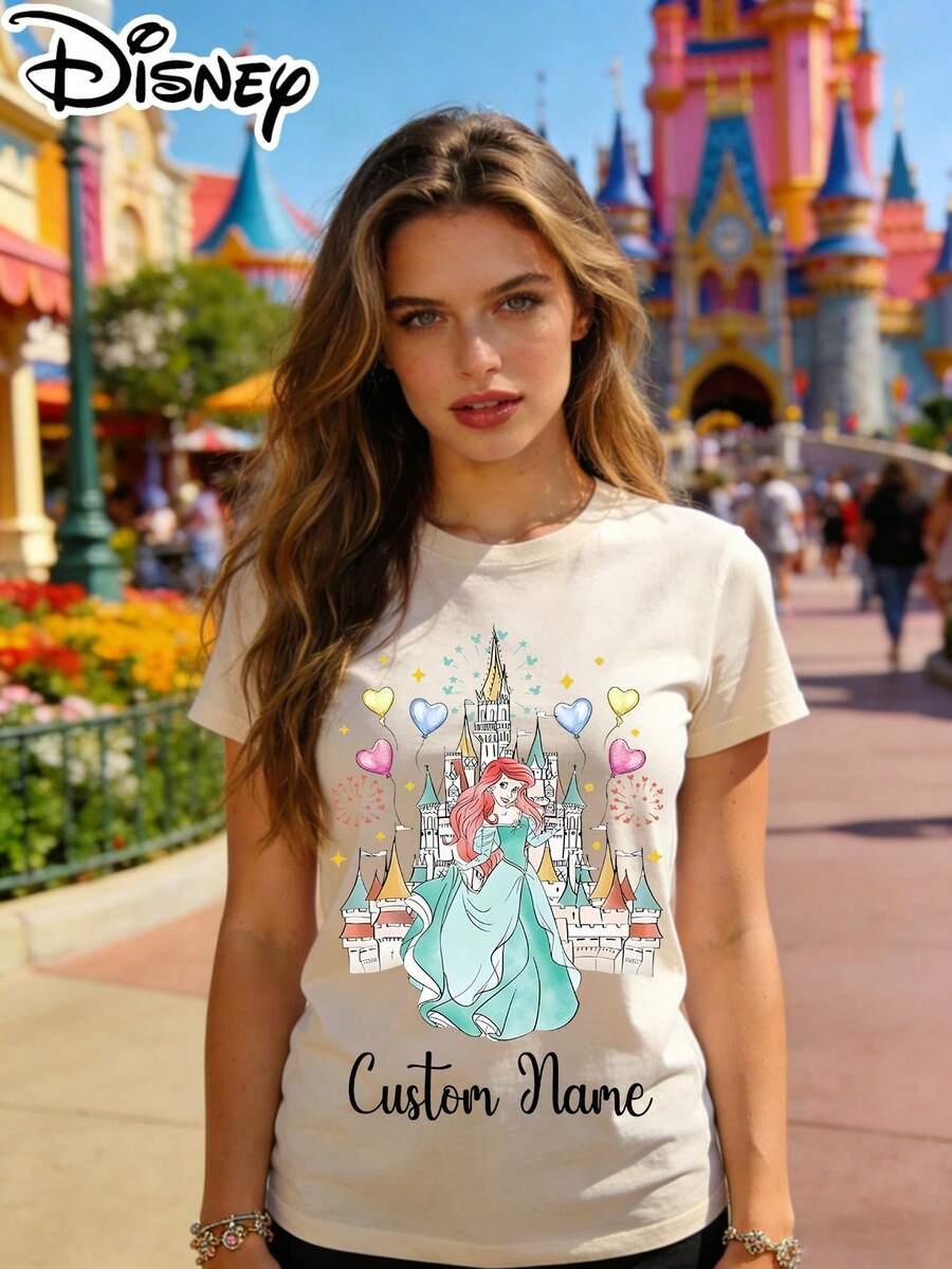 Disney Authorized Women's Casual Short Sleeve T-Shirt, Birthday Princess Themed, Double-Sided Print, Front With  & Castle (Custom Name), Back With Princess Collage, Breathable, Perfect For Birthday Outfits - 杏色 - 查看 1