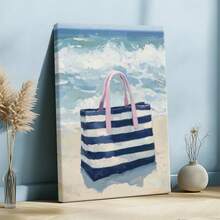 1 pza Cuadro decorativo de verano, estilo playa y océano, póster en lienzo enmarcado, bolsa de playa y arena - Estilo costero y acuarela, decoración para cumpleaños, para sala, recámara u oficina, incluye herrajes. - Lienzo enmarcado - Ver 2