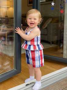 4th Of July Toddler Girl Outfit Strip Star Printed Sleeveless Tops Elastic Waist Shorts Girls Summer Clothes - 紅色 - 查看 6