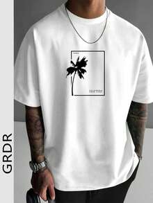 GRDR Men's Round Neck Fashionable English Slogan Palm Tree Element Print Short Sleeve T-Shirt, Casual Streetwear - White - View 3