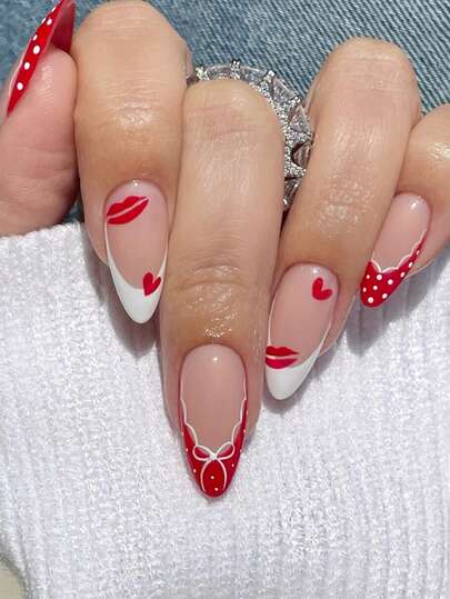 1 set mandelformade söta röda läppar med prickig fransk rosett, avtagbar, lämplig för kvinnors vardag, arbete och dejter, 1 gelégel + 1 nagelfil