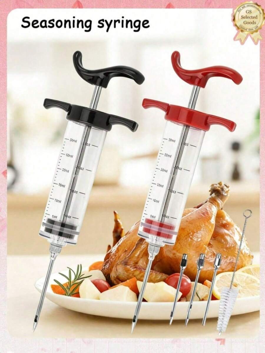 5 piezas/2 piezas Inyector de baster de pavo, inyector de marinada de cocina, jeringa para untar carne, herramienta de hornear con 3 agujas de diferentes tamaños para inyectar condimentos en diversos alimentos y evitar la mezcla de sabores. Diseñado con puntas de aguja perforadas para una inyección profunda. - Multicolor - Ver 1