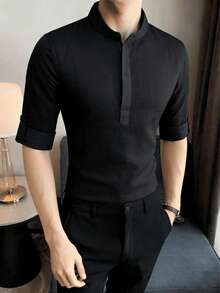 Camisa casual de lino para hombre - Negro - Ver 2