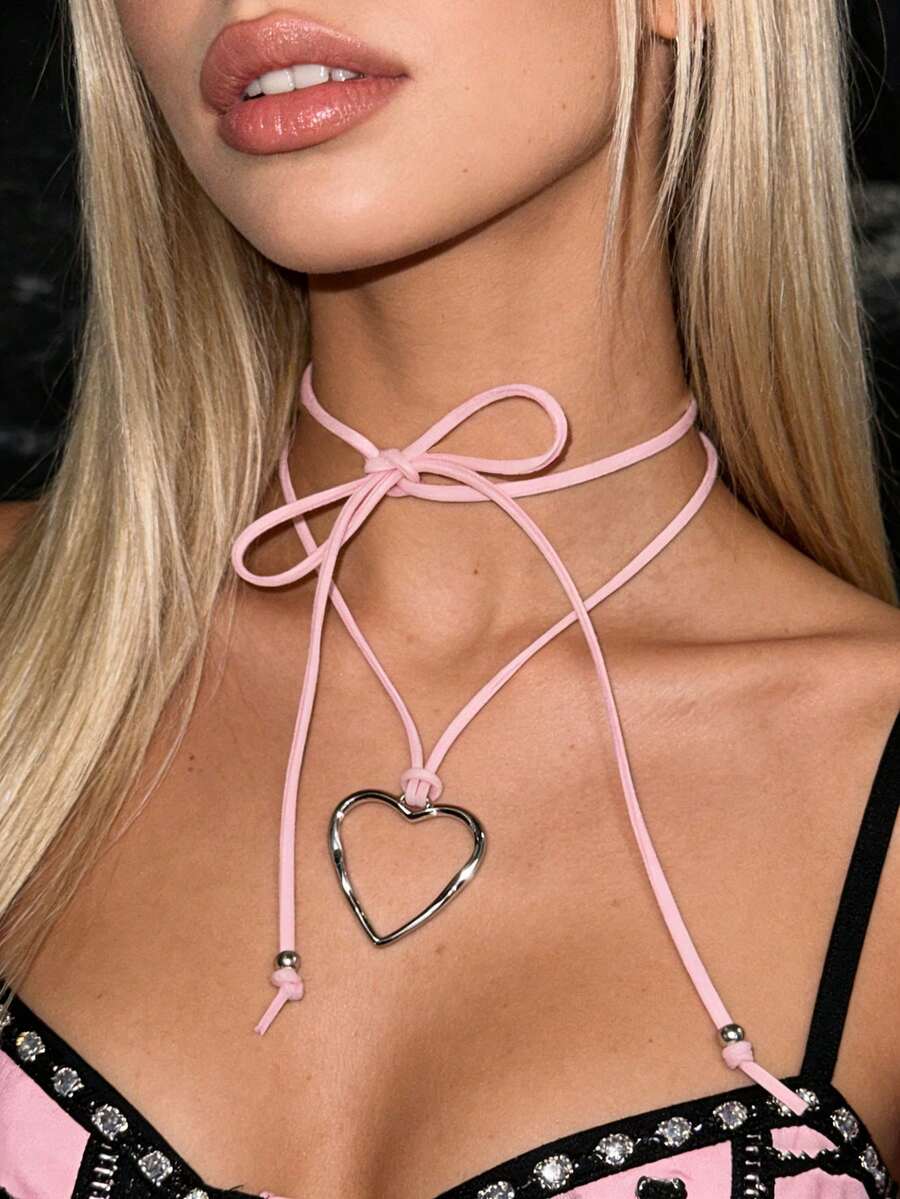 1 chiếc vòng cổ dài kiểu Gothic màu bạc, hình trái tim đơn giản, được quấn bằng dây da, phụ kiện thời trang cổ điển đa năng dành cho nữ. - Bạc - Xem 1