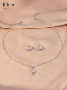 Hihho 3pcs/Set Stainless Steel Necklace With Sparkling Cubic Zirconia 5-Petal Flower Pendant + Flower Earrings, Elegant French Style Jewelry Set For Women, Suitable For Daily Wear, Holidays, Birthdays, Parties, Etc. - Silver - View 3