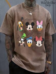 Disney Printed Wash Water T-Shirt,Disney Mickey And Friends Signature Pattern Print T-Shirt,Unisex,High-Quality Pure Cotton T-Shirt,Suitable For All Seasons, Comfortable And Breathable| Exquisite Design | The Best Choice For Giving Gifts - Màu Khaki - Xem 1