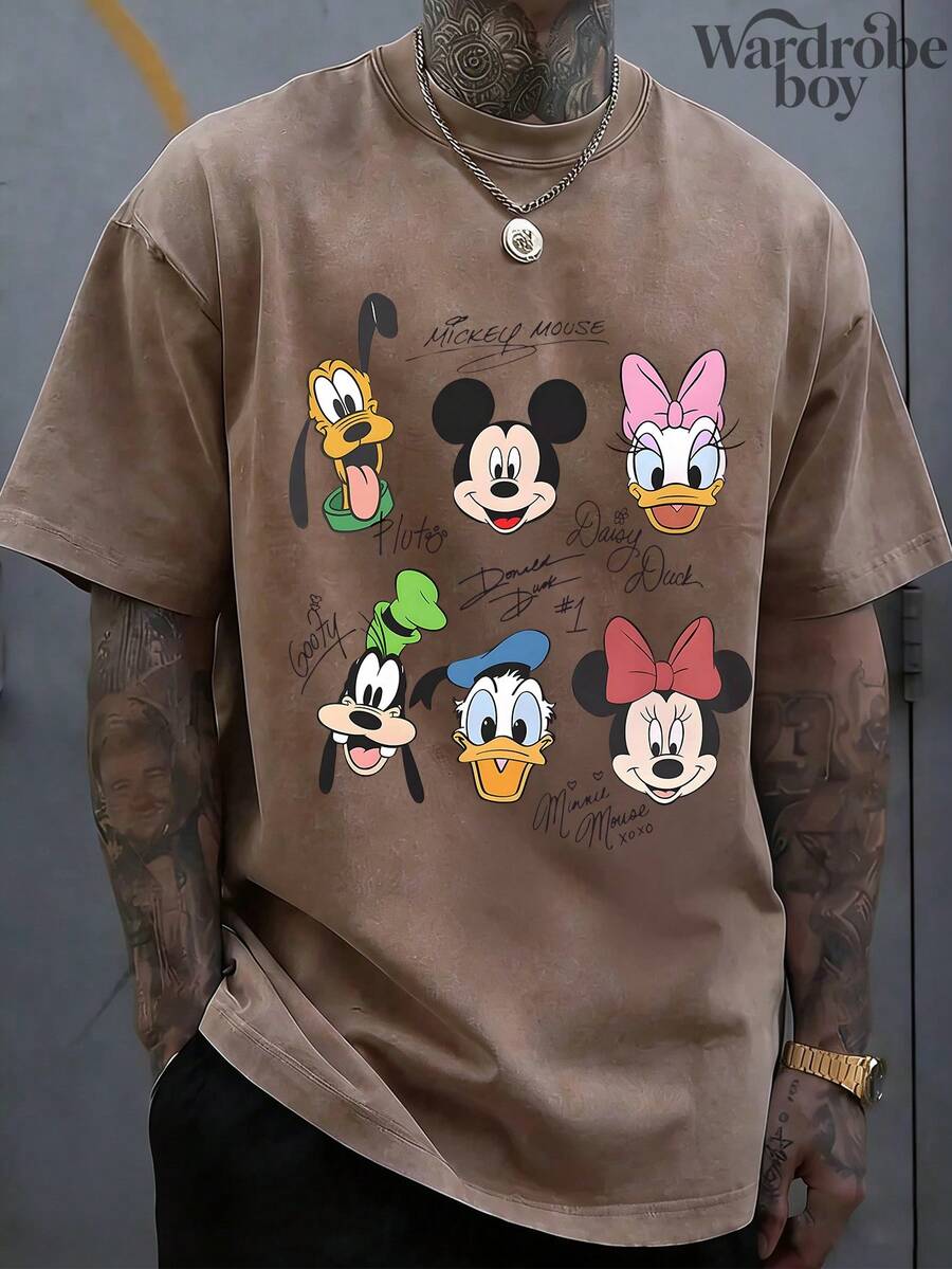 Disney Printed Wash Water T-Shirt,Disney Mickey And Friends Signature Pattern Print T-Shirt,Unisex,High-Quality Pure Cotton T-Shirt,Suitable For All Seasons, Comfortable And Breathable| Exquisite Design | The Best Choice For Giving Gifts - Màu Khaki - Xem 1