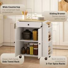 Rolling Kitchen Island With 3-Tier Spice Rack Kitchen Storage Cart With Drawer And Towel Rack White - White - View 5