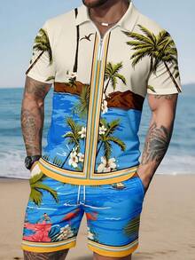 Men's Vacation Style Short Sleeve Polo Shirt And Casual Shorts Set - Multicolor - View 3