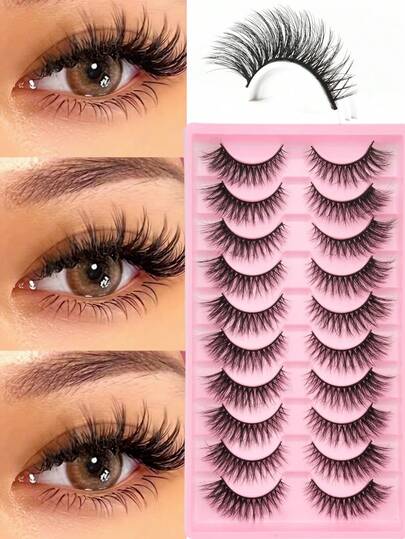 10 Pairs Cartoon Style False Eyelashes, Faux Mink Eyelashes, Cat Eye Lashes, Natural Look Full Fake Lashes, Curling False Eyelashes, Travel Makeup Tools, Adhesive Lashes, Artificial Eyelashes, Reusable Realistic False Eyelashes For Cosplay And Daily Use