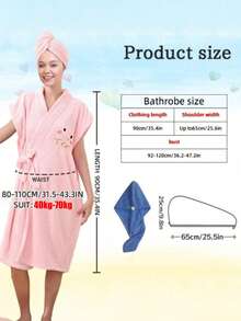 Bộ 2 áo choàng tắm nữ, áo choàng spa thắt eo, áo choàng ngắn tay thêu hoạt hình bằng vải lông san hô, trang trí nhà cửa và phòng tắm, mùa hè, mùa tựu trường. - Nhiều màu - Xem 4