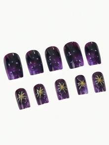 24pcs Medium Square False Nails, 3D Glitter Gold Star Sky Full Cover Removable Nail Art Set, Suitable For Women Party, Ball And Daily Wear - Purple - View 4
