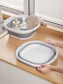 3-Size Collapsible Basin - Portable Plastic Foot/Hand Wash Tub, Multi-Functional Rectangular Bucket With Frame, Durable For Travel, Laundry, Dorm Use - Grey - View 4