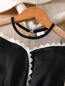 1pc Girls Casual Solid Color Soft Comfortable Woven Fabric With Ruffle Splice Star & Polka Dot Pattern Mesh Bubble Short Sleeve Mid-Length Dress, Suitable For Outdoor Wear, Spring/Summer - Black - View 4