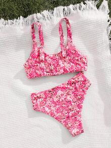 PEPPERMOLLY 新款花卉软杯可调节肩带时尚比基尼女士夏季沙滩时尚泳装套装度假 - 粉紅色 - 查看 3