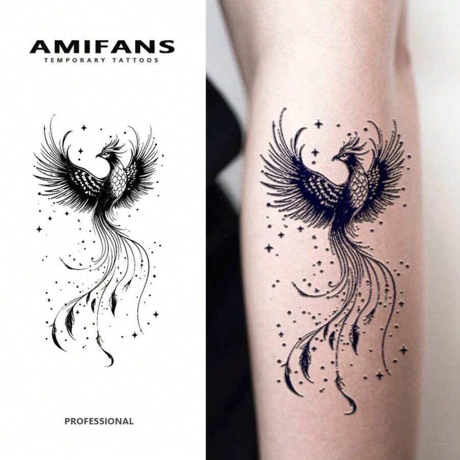 AMIFANS Temporary Tattoo Celestial Phoenix, Semi Permanent Tattoo,Lasting 1-2 Weeks Tattoo, Long Lasting Tattoo, Juice Tattoo, Realistic Tattoo, Romantic Tattoo, Fake Tattoo, Waterproof, Authentic Tattoo Look, Niche Design Tattoo, Fruit Tattoo, Plant-Based Tattoo - Black - View 1