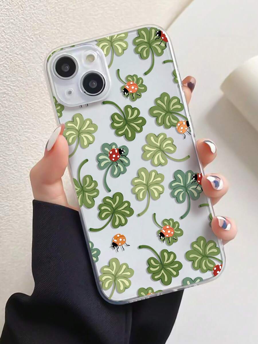 植物图案四叶草瓢虫全包覆式TPU手机壳，适用于 16/16Pro/16Plus/16ProMax、11/11Pro/11ProMax、12/12Pro/12ProMax、13/13Pro/13ProMax、14/14Plus/14Pro/14ProMax、15/15Pro/15Plus/15ProMax - 彩色 - 查看 1