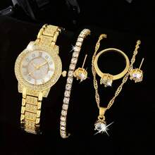 1 Set Mother's Day Women's Watch Set, Fashionable Elegant Round Dial Quartz Watch With Heart-Shaped Pendant Necklace, Earrings, Ring And Bracelet. This Jewelry Set Is Suitable For Daily Wear, Birthday Gift, Back To School, Thanksgiving And Romantic Occasions, Best Choice (Excluding Gift Box) - Gold - View 2