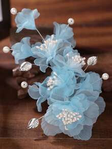 1pc Handmade Chiffon White Flower Lace Hair Clip, Photography Studio Wedding Dress Headpiece Accessory - 89928 Blue - View 4