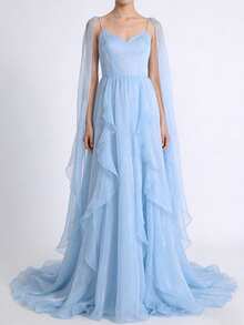 1pc Light Blue Icy Glass Organza, Micro-Textured Icy Flower Crinkle Fabric, Luxury Sheer Dress Transparent Icy Flower Tulle DIY Pre-Cut - Light Blue - View 7