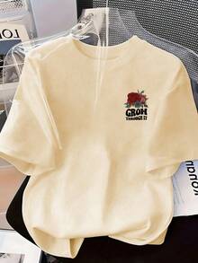 Women's Summer New Simple Letter & Rose Print Casual Loose Versatile Round Neck Beige Short Sleeve T-Shirt, Everyday Top, Suitable For Daily Wear - Apricot - View 5
