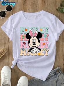 Disney Women's Mickey Mouse Easter Bunny Character Short-Sleeved T-Shirt - Stacked Pastel Name & Easter Egg Theme Round-Neck Top, Soft Cotton Breathable Fabric, Casual Daily Wear, Suitable For Easter Gatherings - 白色 - 查看 2