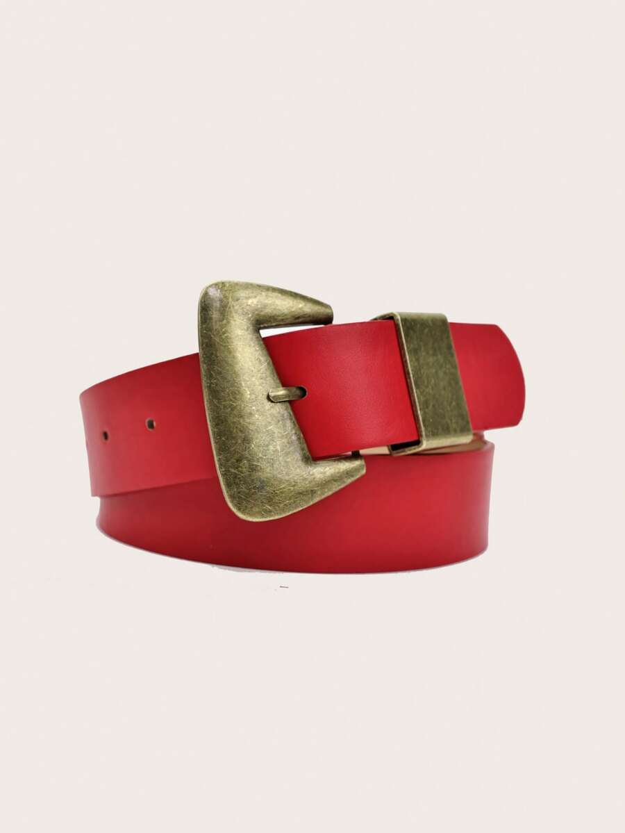 1pc Red Metal Buckle Wide Waist Belt, Fashion Streetwear Sexy Accessory, Suitable For Coats, Pants, Shirts, Dresses, Daily Wear, Parties, Galas, Music Festivals - Red Gold Buckle - View 1