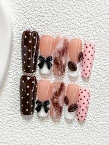 10Pcs Retro Style Polygel Nail Set,Acrylic Press-On Nails,Black 3D Bow Nail Art Accessories,Hand-Pinched Chocolate-Colored Bean Decoration Design,Hand-Painted White Mixed With Brown Polka Dots,Brownish-White Shading,Pink And Brown Nail Polish,Summer Nail Art Set,Comes With Nail Tools(1 Sheets Jelly Stickers+1PC Nail File)3 Sizes Available,Almond Nails,Duck Nails,Coffin Nails,Suitable For Daily, Reunion,Party,Photograph,Play,Commute Supplies Nails - 彩色 - 查看 4