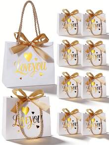 10PCS/1PC/Valentine's Day Wedding Favor Tote Bags With Ribbon 14x12x6cm - White With Gold Ribbon - View 11