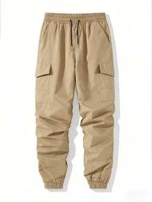 Pantalones para hombre, pantalones cargo de unicolor con cordón y múltiples bolsillos, pantalones de chándal sueltos y cómodos para primavera/otoño - Caqui - Ver 2