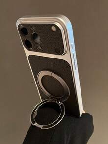 Fashion Lychee Leather Texture Large Window Phone Case Compatible With IPhone 17 Pro Max 17 Pro 16 Pro Max 15 Pro Max 14 Pro 13 12 Pro 16 17 Magnetic 360 Rotating Bracket Camera Protection Matte Soft Bumper Shockproof Cover - Grey - View 4