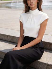 Women's Elegant Mandarin Collar Short Sleeve Blouse - Crisp White Satin Texture, Versatile For Work, Party, Spring/Summer/Autumn, Classic Solid Color Satin Shirt With Delicate Pleated Design, Slimming And Stylish - White - View 8