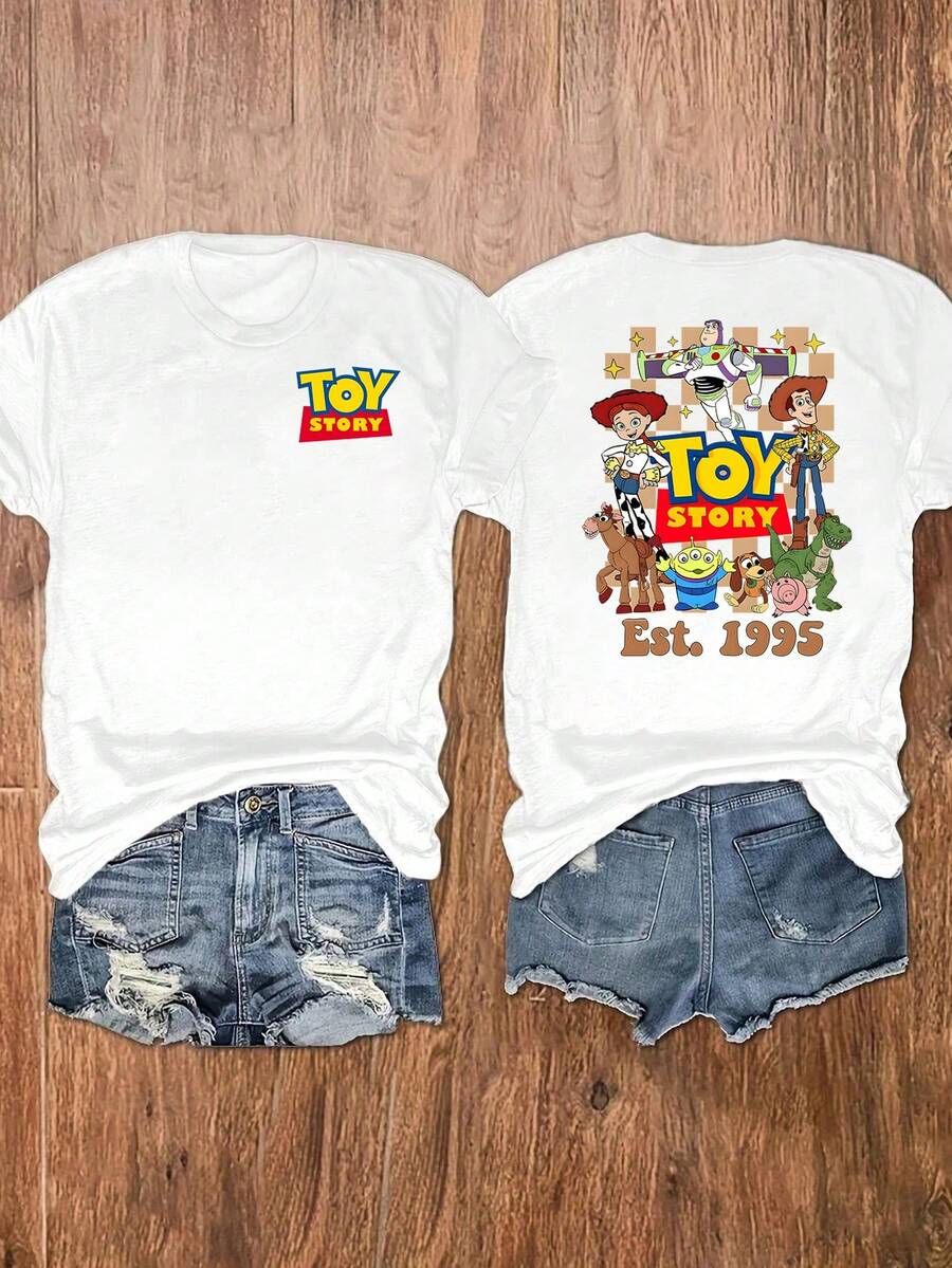 Disney (Loose Version) Women's Cute Toy Story Graphic Tee, Short Sleeve Round Neck Regular Fit Cotton T-Shirt, Medium Stretch Top Short-Sleeved Round Neck Casual Shirt Necessary In Summer, Suitable For Summer And Spring, Holiday Gift Party Clothes, Ladies' Clothes. - 白色 - 查看 1