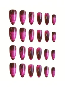 Monina 24pcs Asymmetrical Line Design Watermelon Pink Almond Bubble Wear Fake Nails, Elegant Chic Versatile Fashionable Nails, Ideal Gift For Women - Hot Pink - View 2