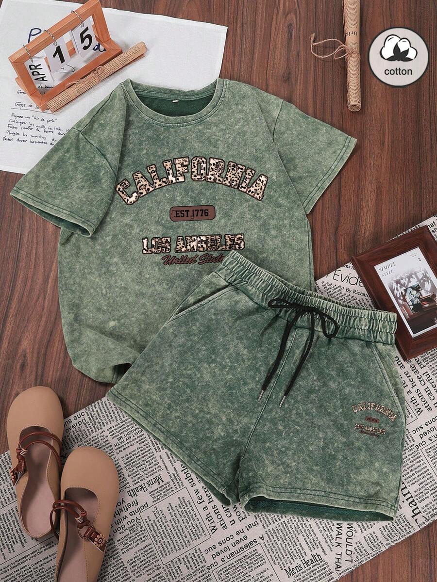 Bộ 2 món áo thun ngắn tay cổ tròn ôm dáng giặt wash và quần short Es Trus nữ, cotton, màu xanh olive, phong cách hiphop retro American College, in chữ "California, Los Angeles" họa tiết da báo, streetwear Hàn Quốc, thời trang cơ bản vintage Y2K thoải mái thanh lịch cho mùa hè - Màu xanh lá cây đậm - Xem 1