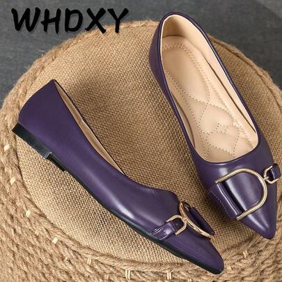 紫色尖头金属扣平底乐福鞋，软底通勤一脚蹬船鞋，女士百搭工作鞋