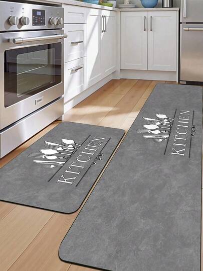 【热销！！！】1 件装软橡胶厨房地垫，3.5 毫米厚，简约厨房风格，灰色大理石纹底，饰以卡通白色餐具和英文字母图案，吸水性强，可裁剪以适应不同厨房尺寸，表面为织物材质，中间层为海绵层，底部为橡胶层，适用于厨房地毯、厨房装饰、婚礼装饰、家居装饰、浴室地垫、玄关地垫、洗衣房地垫、走廊地毯、客厅地垫等。