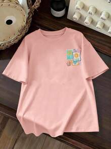 女童夏季沙滩风艺术印花圆领短袖T恤，春夏新款少女时尚单品 - 粉色 - 查看 3