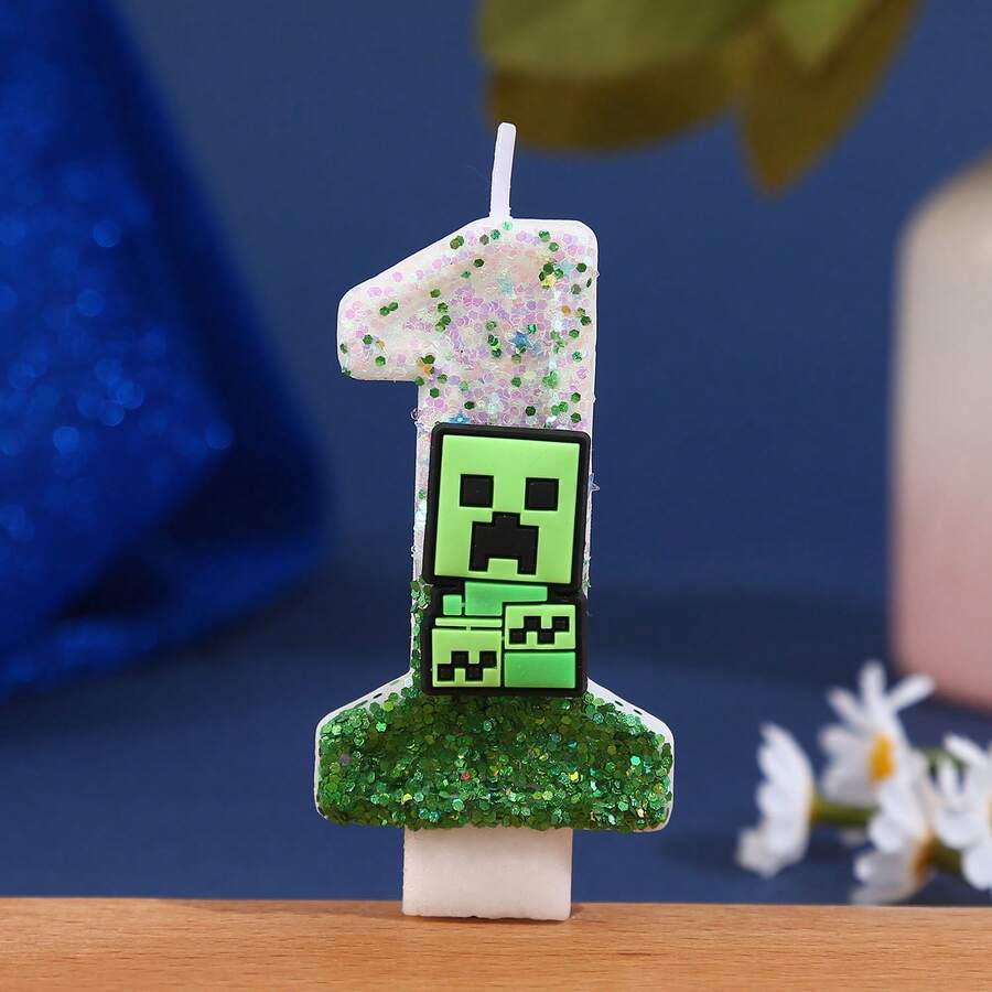 Nến sinh nhật số chủ đề Creeper trong Minecraft, nến trang trí bánh không khói, hiệu ứng ombre lấp lánh, trang trí tiệc sinh nhật cho trẻ em, trang trí bánh sinh nhật cho người lớn và trẻ em theo chủ đề Minecraft, màu xanh lá cây. - Mảnh duy nhất - Xem 1
