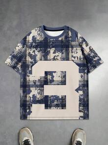 Men's Retro Distressed Plaid Round Neck Short Sleeve Loose Fit Numeric Print T-Shirt - Multicolor - View 2