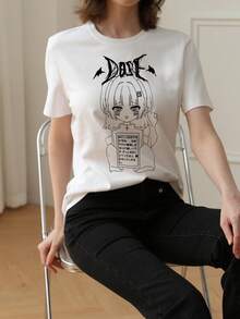2026 Summer New Women's Round Neck Casual Loose Anime Print T-Shirt, Japanese Subculture Street Fashion Versatile Short Sleeve Tee - White - View 3