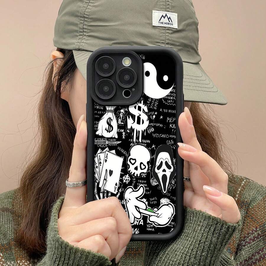 Elementos de estilo grunge en blanco y negro. Fundas compatibles con , Apple, VIVO, OPPO, , Transsion, , y Honor. Fabricadas en silicona TPU, ofrecen protección contra golpes y caídas. - Negro - Ver 1