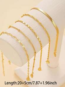 5件套女士镀金叠层脚链 - 波西米亚风蛇形链和费加罗链脚链，夏季沙滩可调节脚链套装 - 金色 - 查看 4