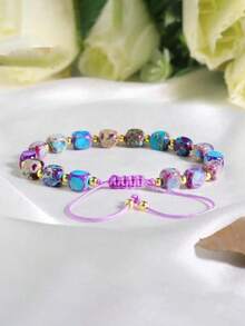 Sea Sediment Jasper Bracelet, Square Stone Handmade Adjustable Bohemian Style Jewelry, Promote Grounding, Balance, And Introspection, Crystal Of Connection To The Universe - Multicolor - View 4