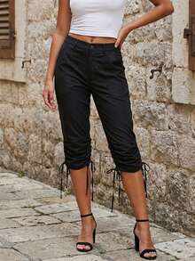 Women's Spring Summer Capri Pants Drawstring Cuff Solid Color Slim Fit Cropped Trousers - màu đen - Xem 2