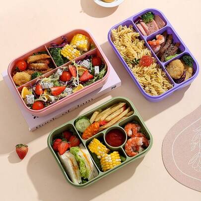 Caja bento de 4 compartimentos con estampado de dibujos animados lindos, caja de almuerzo de plástico PP creativa, apta para microondas, fácil de limpiar, a prueba de fugas, con aislamiento térmico, adecuada para la oficina y la escuela